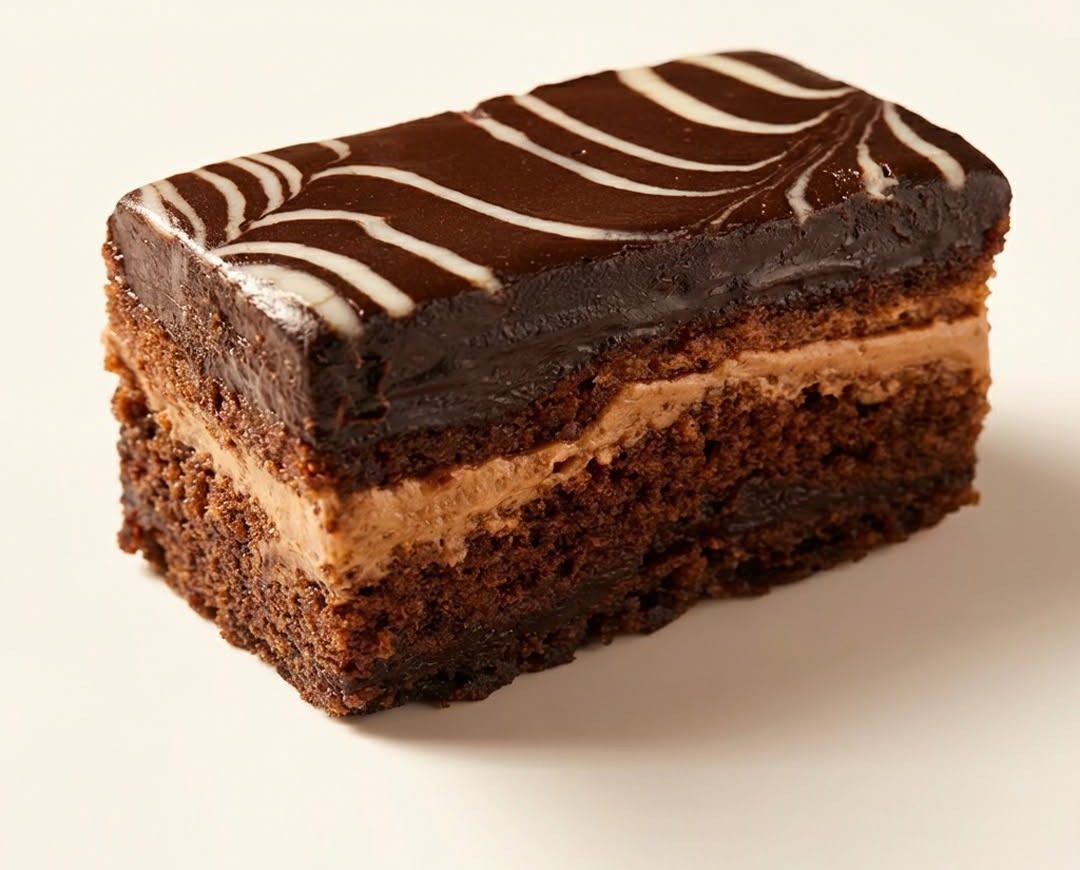 Pastel de chocolate en capas con cobertura de ganache y vetas de chocolate blanco