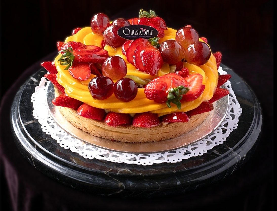Tarta de frutas frescas con fresas, uvas y mango sobre una base de mármol